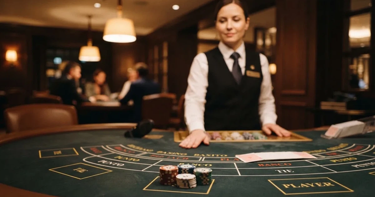 Elegantan stol za baccarat u casinu, zeleno sukno, špil karata, žetoni i djelitelj u prsluku, prigušena rasvjeta.