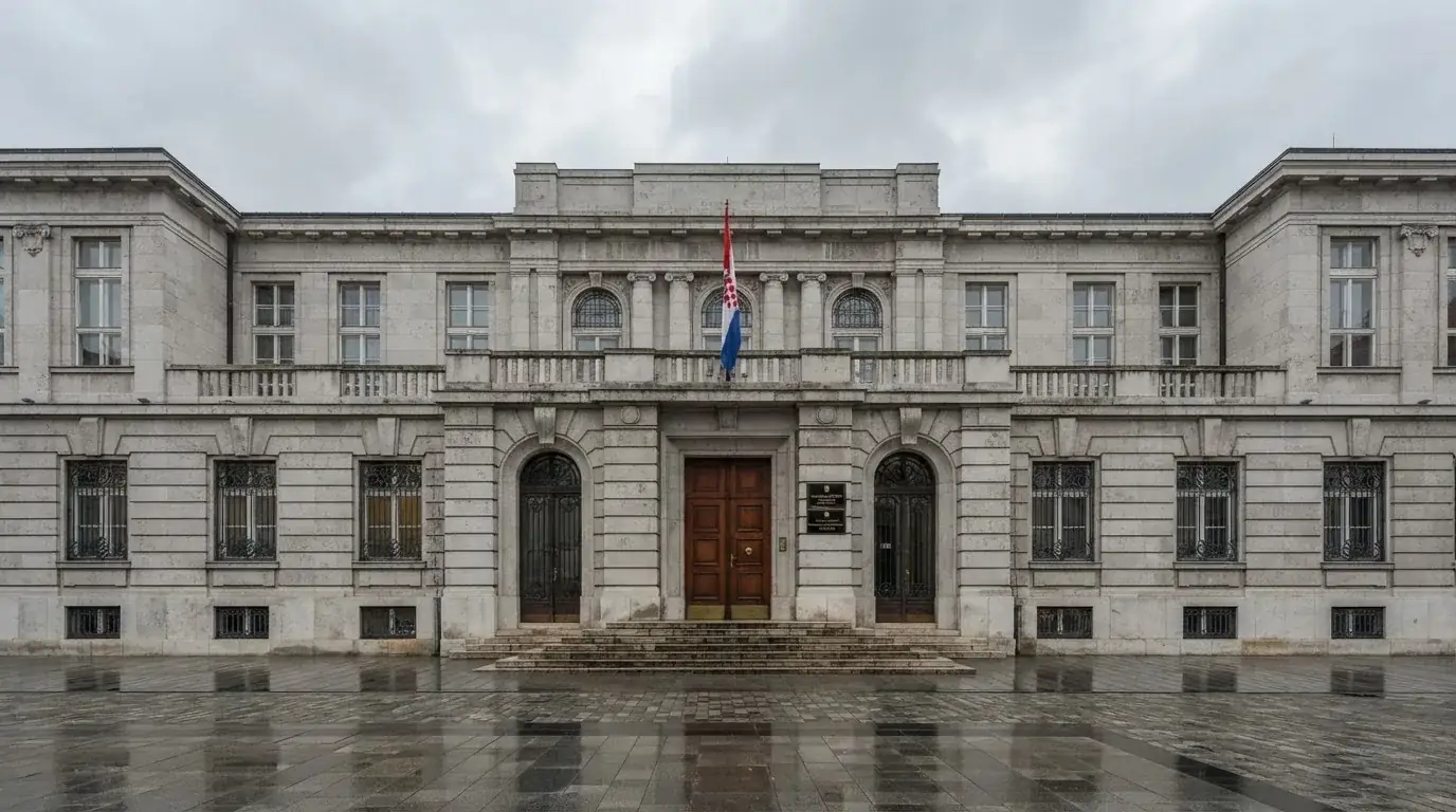 Pročelje zagrebačke ministarske zgrade od sivog kamena s visokim vratima i zastavom, oblačno nebo iznad.