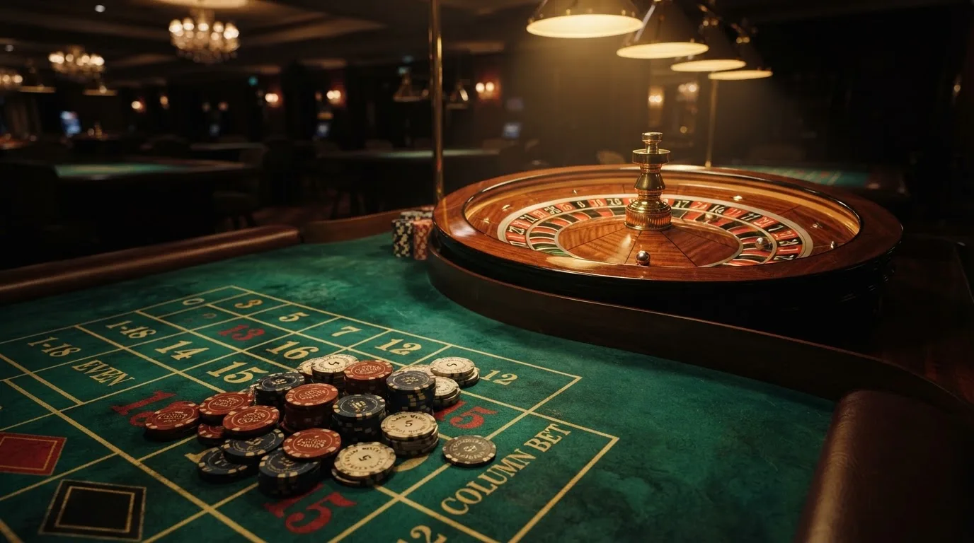 Kotač ruleta i žetoni na zelenom suknu pod toplim večernjim svjetlom — besplatni casina u hrvatskoj