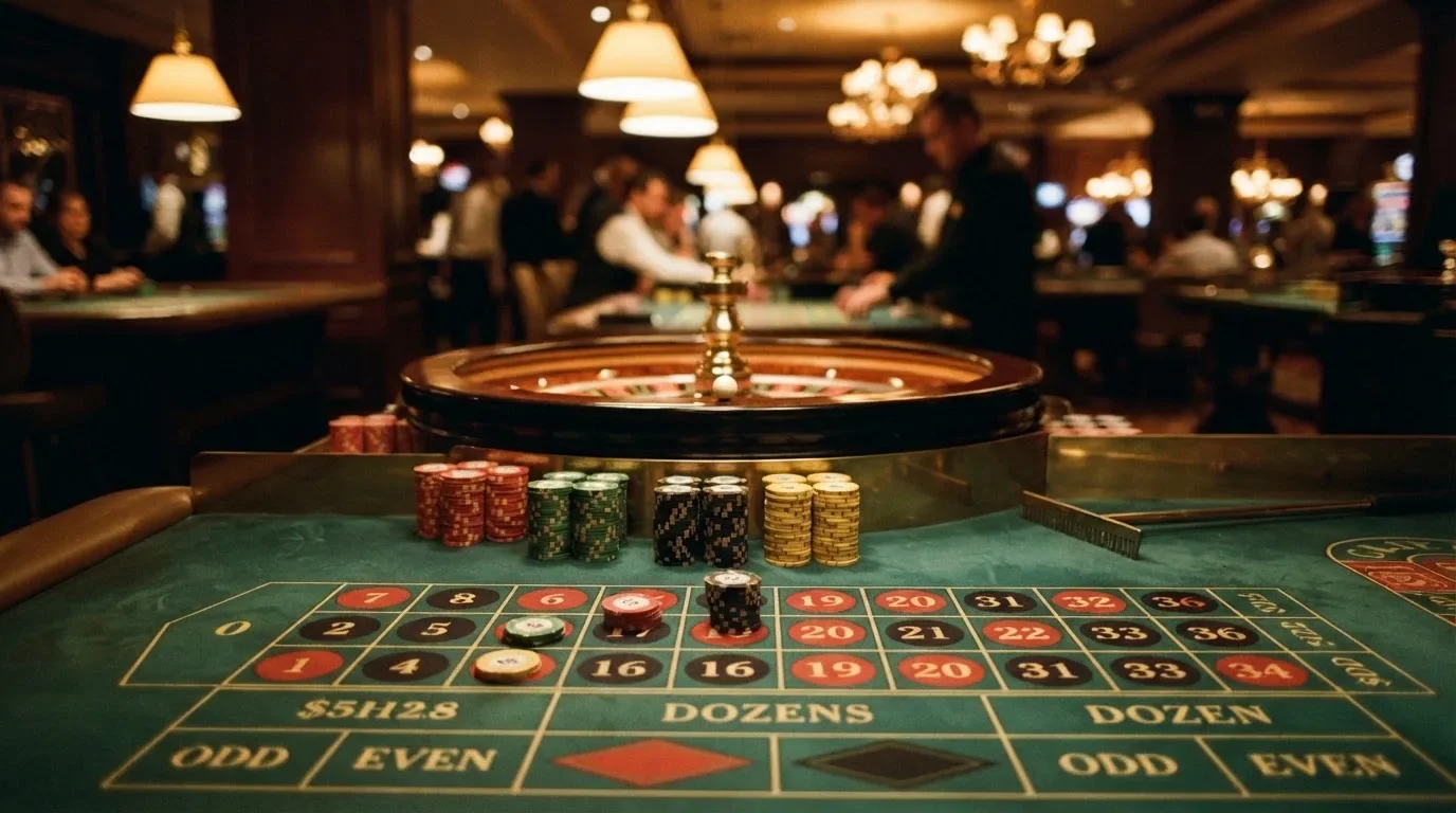 Kotač ruleta i žetoni na zelenom suknu pod toplim večernjim svjetlom — blackjack casina u hrvatskoj