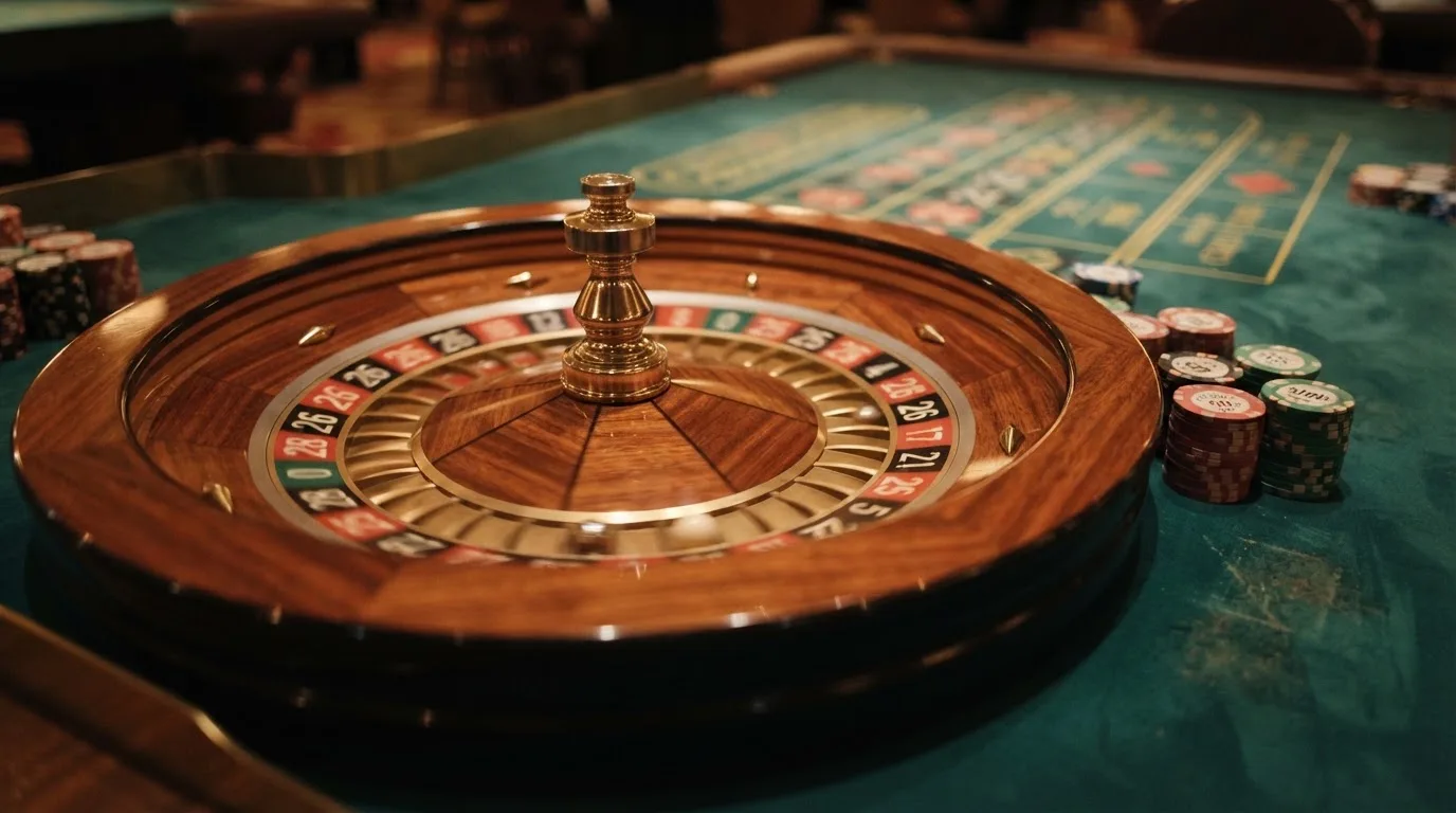 Kotač ruleta i žetoni na zelenom suknu pod toplim večernjim svjetlom — bonusi bez depozita u kasinu