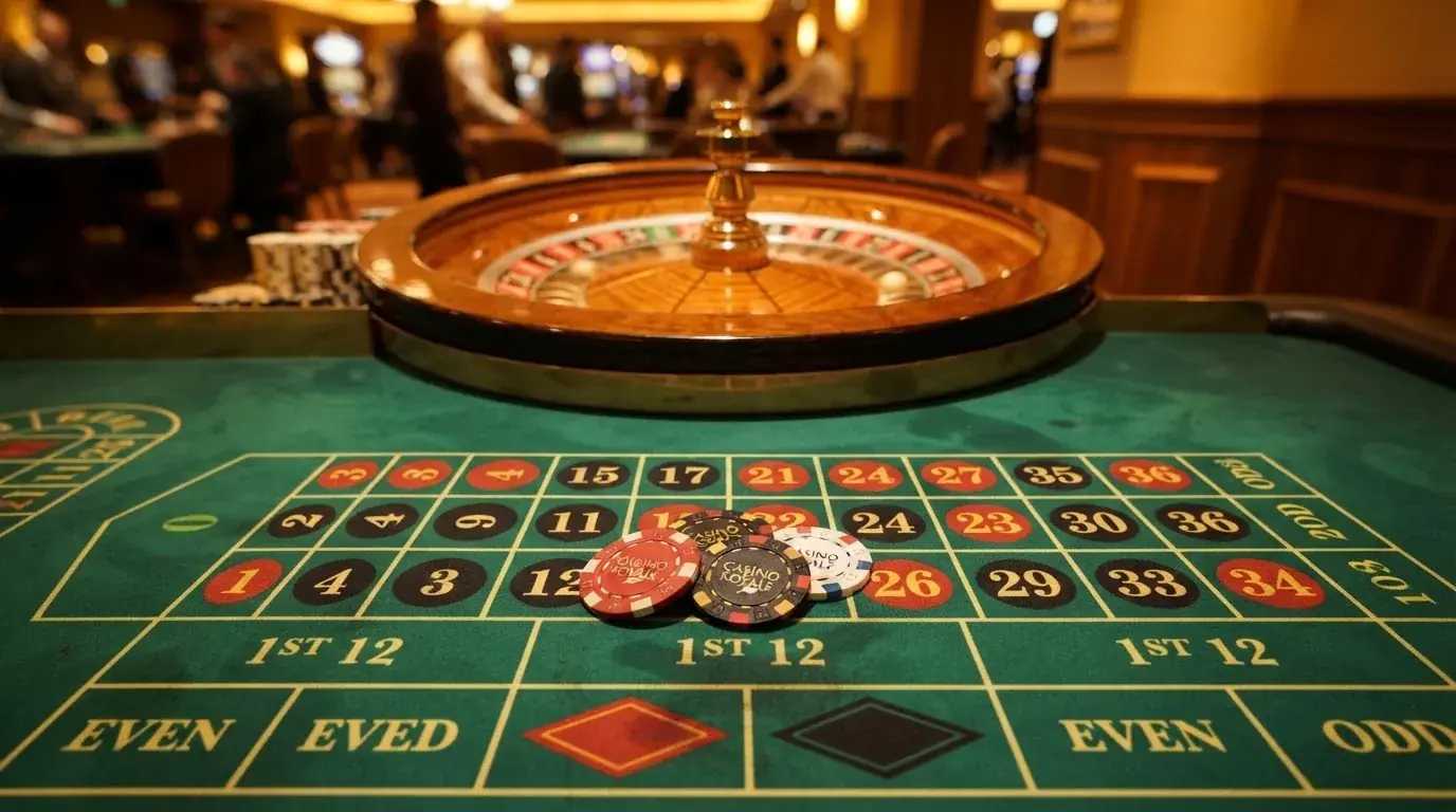 Kotač ruleta i žetoni na zelenom suknu pod toplim večernjim svjetlom — casina za android u hrvatskoj