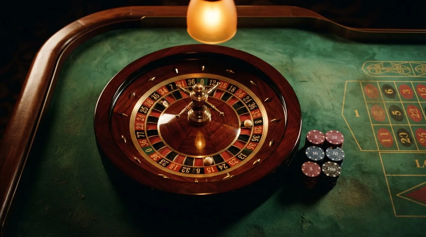 Kotač ruleta i žetoni na zelenom suknu pod toplim večernjim svjetlom — casina za iphone u hrvatskoj