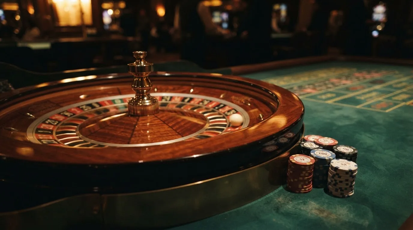 Kotač ruleta i žetoni na zelenom suknu pod toplim večernjim svjetlom — casino aparati u hrvatskoj