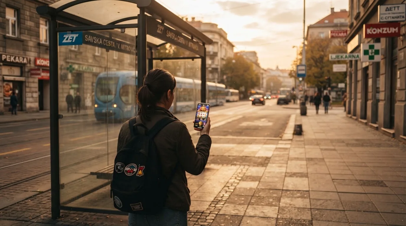 Osoba na autobusnoj stanici u Zagrebu čeka autobus i drži mobitel u ruci, kasno poslijepodne.