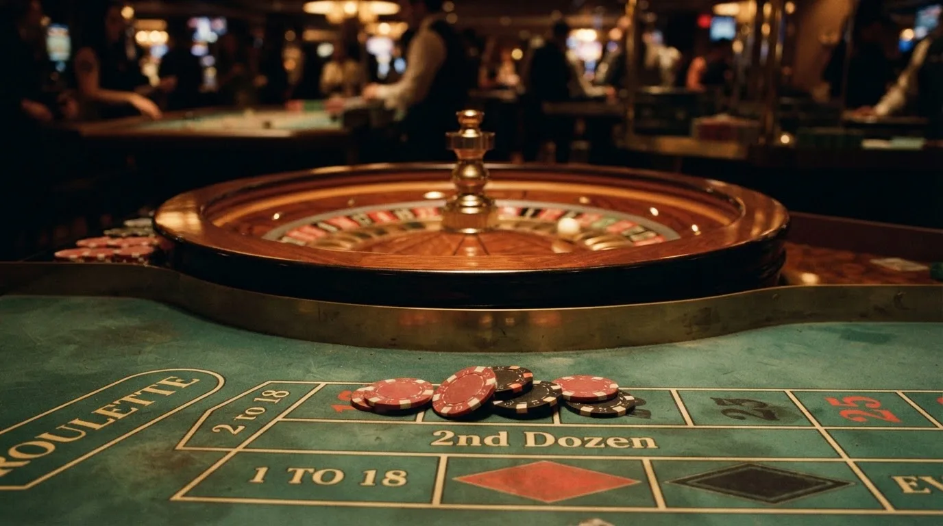 Kotač ruleta i žetoni na zelenom suknu pod toplim večernjim svjetlom — casino bez registracije u hrvatskoj
