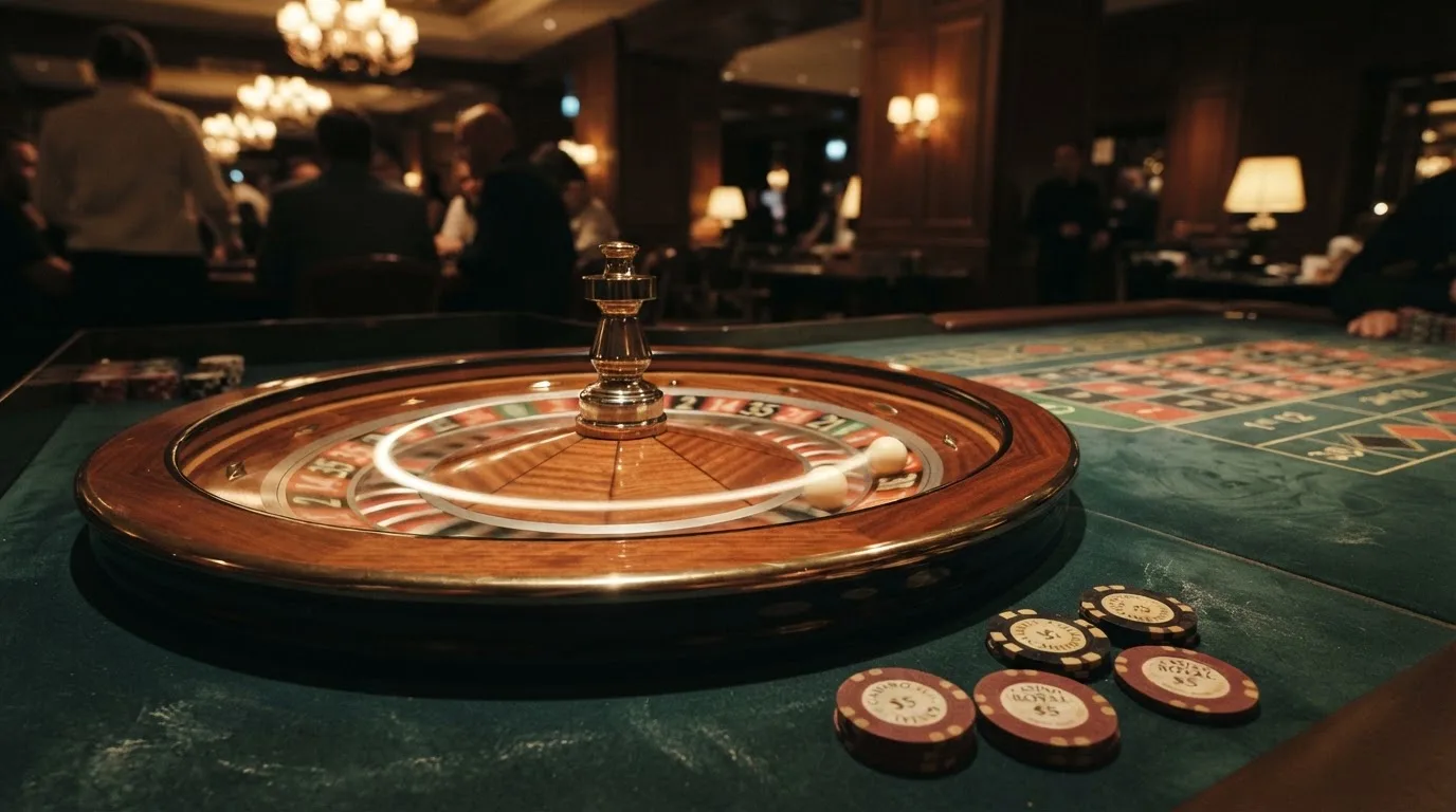Kotač ruleta i žetoni na zelenom suknu pod toplim večernjim svjetlom — casino igre u hrvatskoj