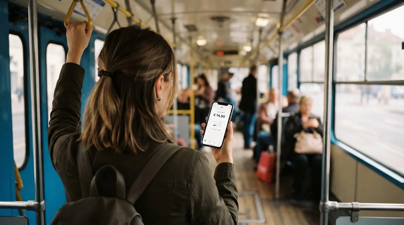 Žena u zagrebačkom tramvaju drži pametni telefon, putnici u pozadini zamućeni, dnevno svjetlo kroz prozore.