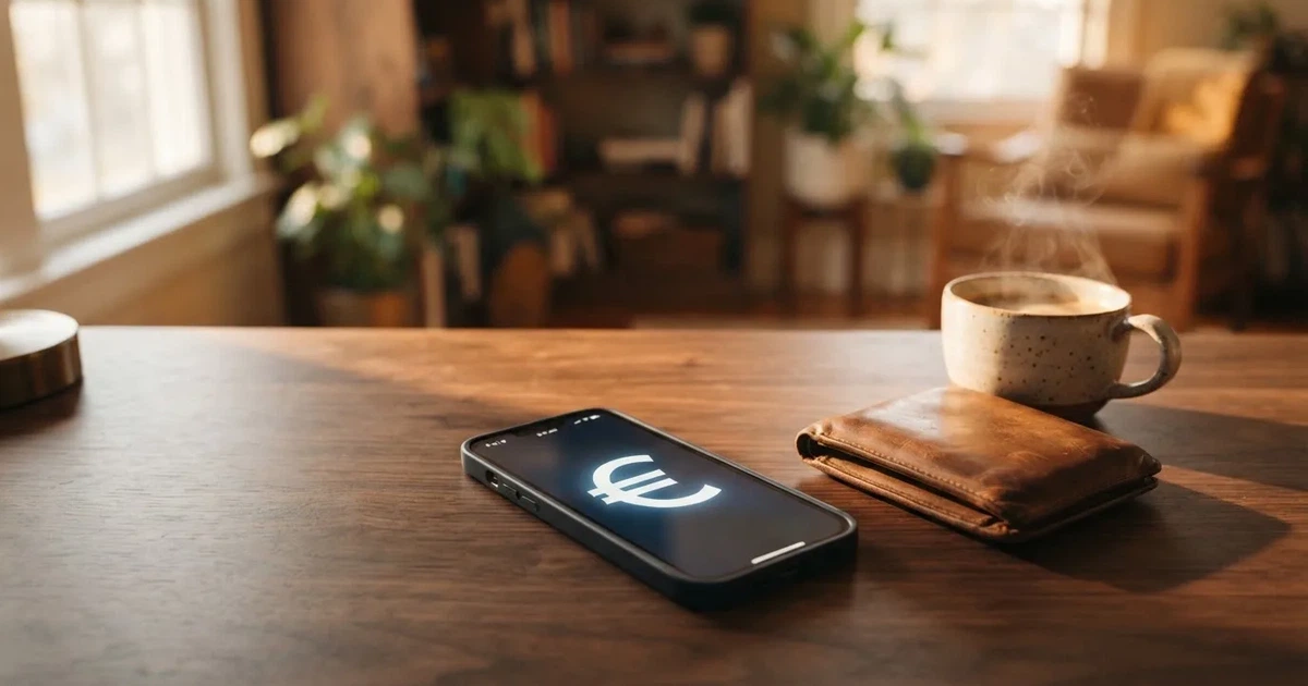 Mobitel na drvenom stolu pokraj novčanika i šalice kave — casino s apple pay u hrvatskoj