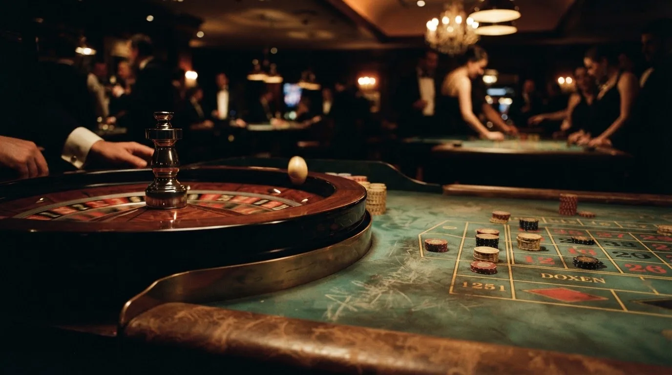 Kotač ruleta i žetoni na zelenom suknu pod toplim večernjim svjetlom — casino s apple pay u hrvatskoj