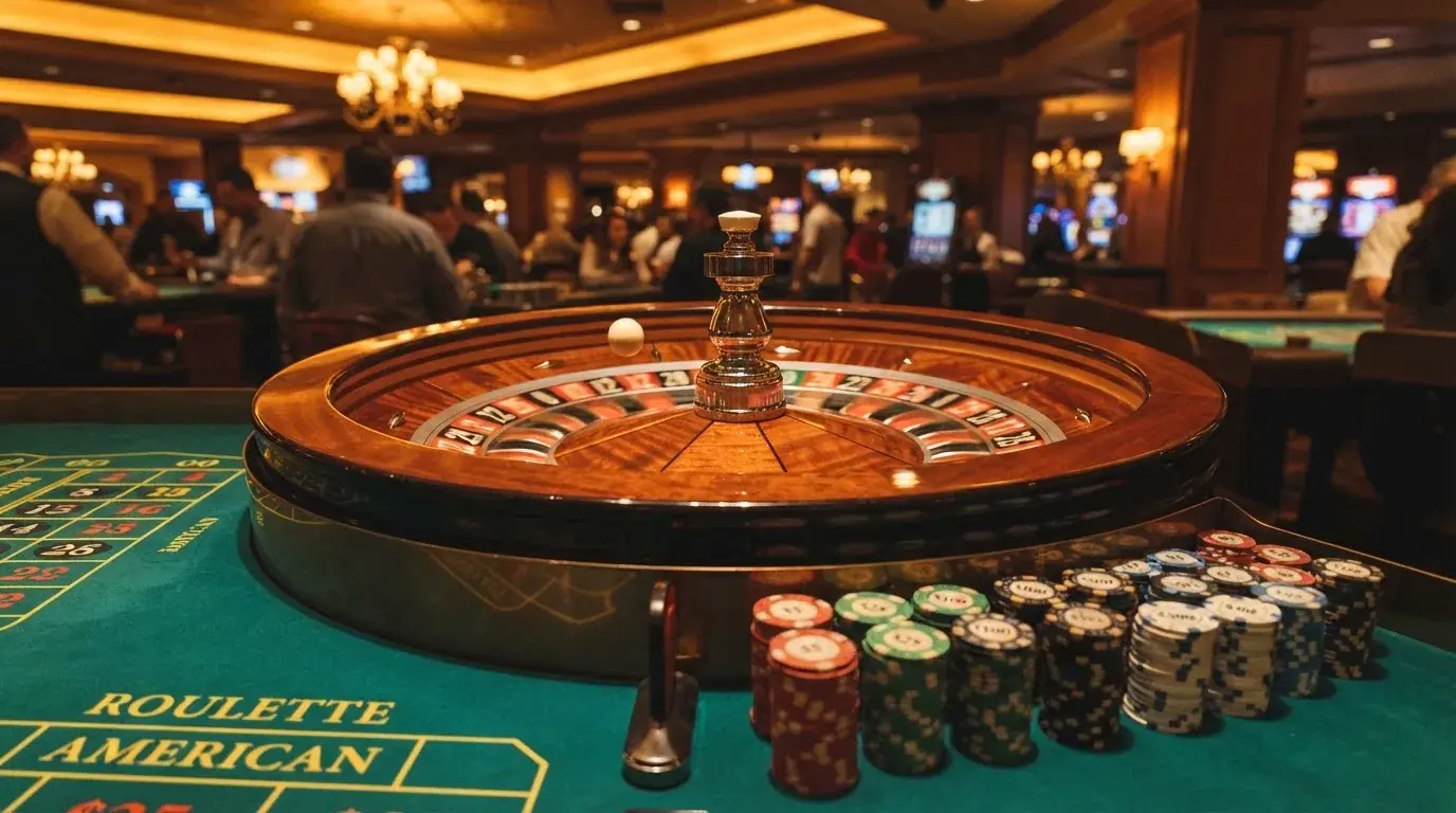 Kotač ruleta i žetoni na zelenom suknu pod toplim večernjim svjetlom — casino s bankovnim transferima