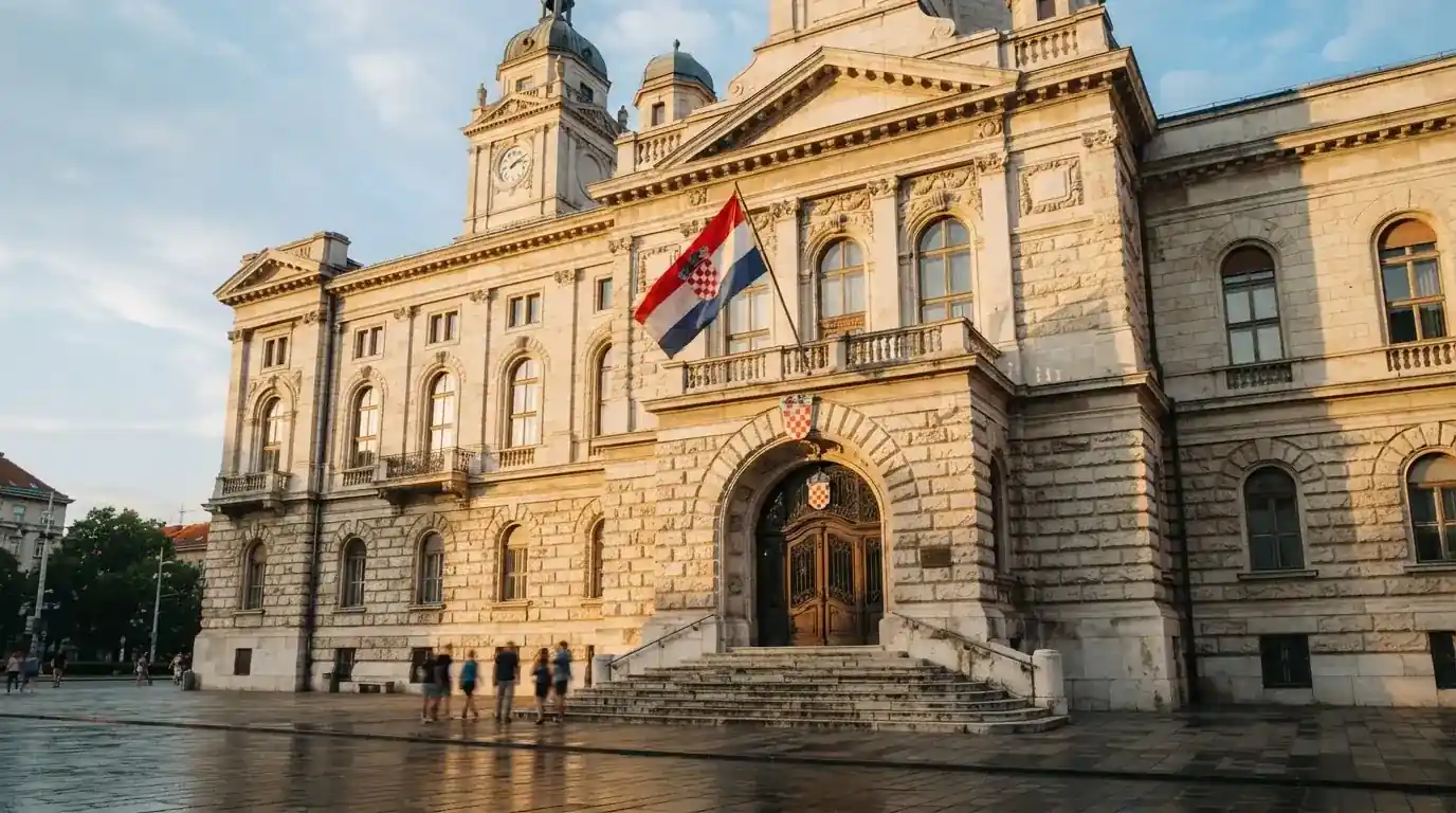 Fasada državne zgrade s lukovima i hrvatskom zastavom u sjaju poslijepodneva, bez ljudi.