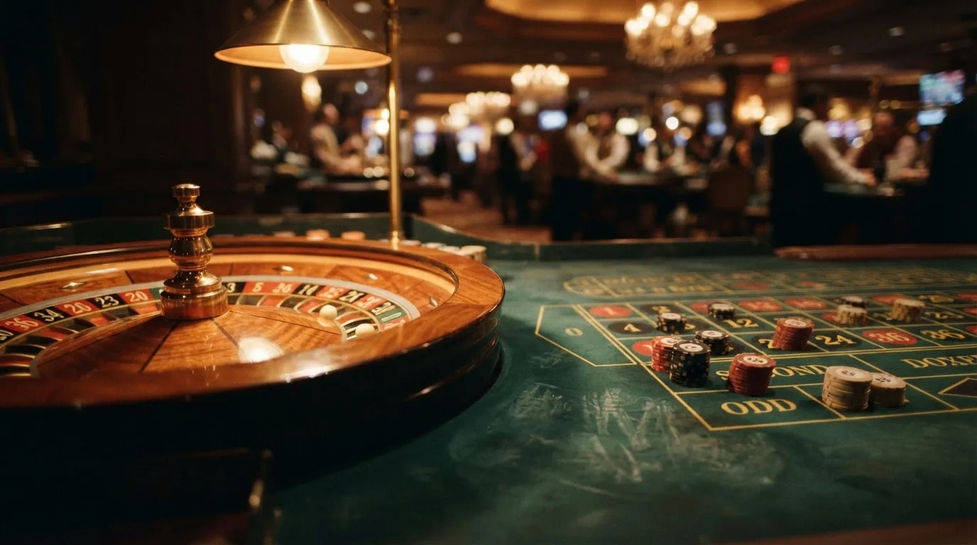 Kotač ruleta i žetoni na zelenom suknu pod toplim večernjim svjetlom — casino stranice u hrvatskoj
