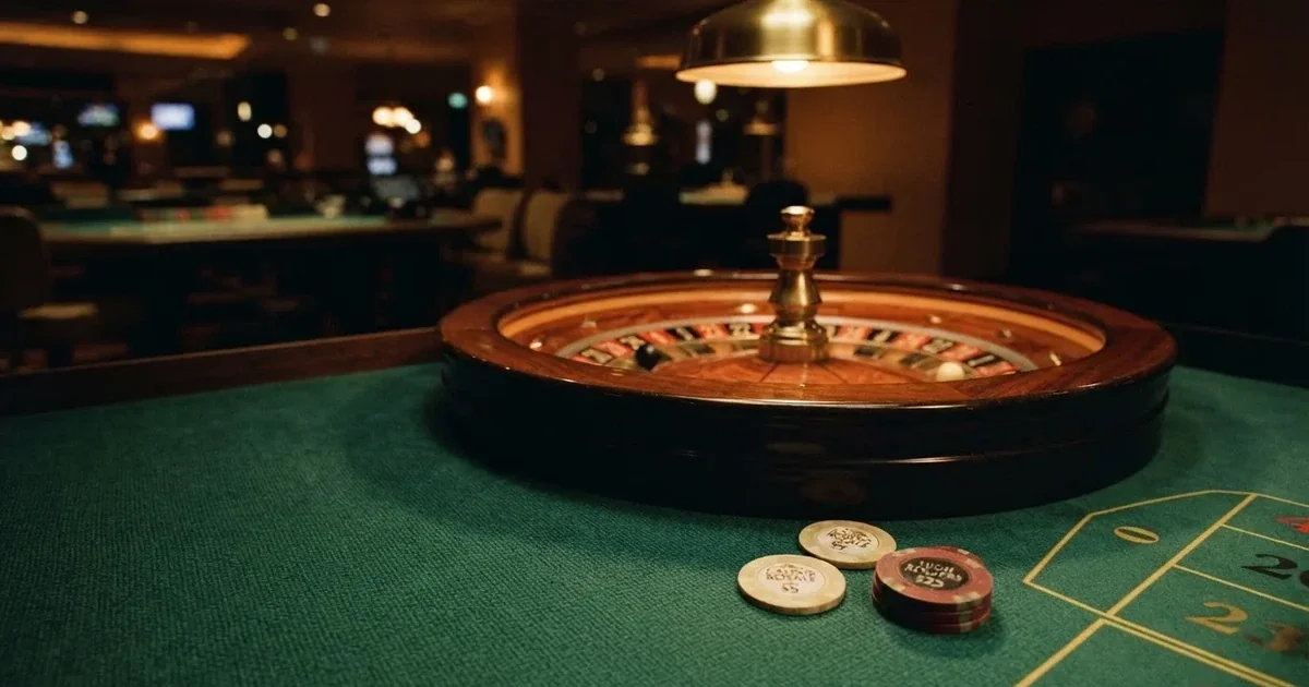 Kotač ruleta i žetoni na zelenom suknu pod toplim večernjim svjetlom — cro casino u hrvatskoj