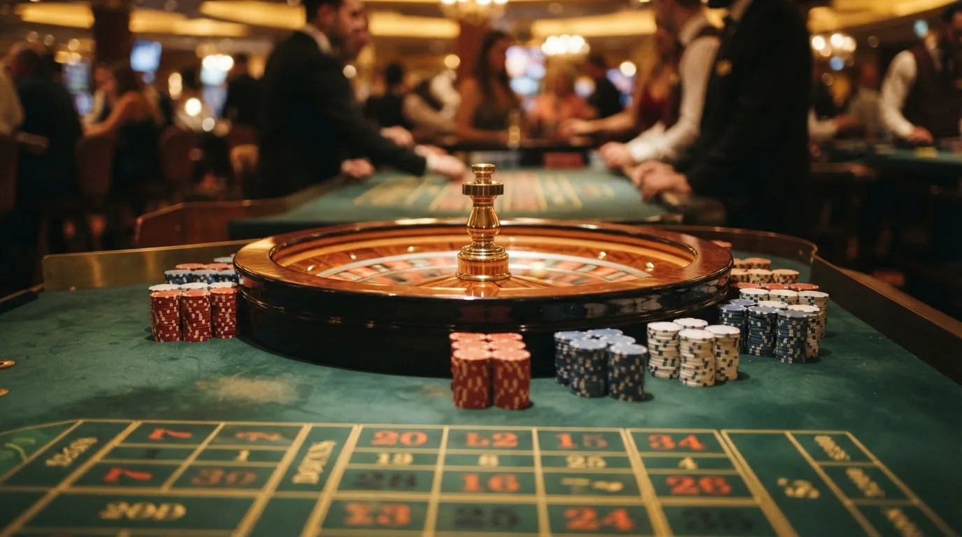 Kotač ruleta i žetoni na zelenom suknu pod toplim večernjim svjetlom — ethereum casino u hrvatskoj