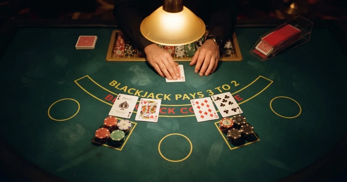 Osvijetljen stol za igru s kartama, snimljen odozgo — igrati blackjack u hrvatskoj