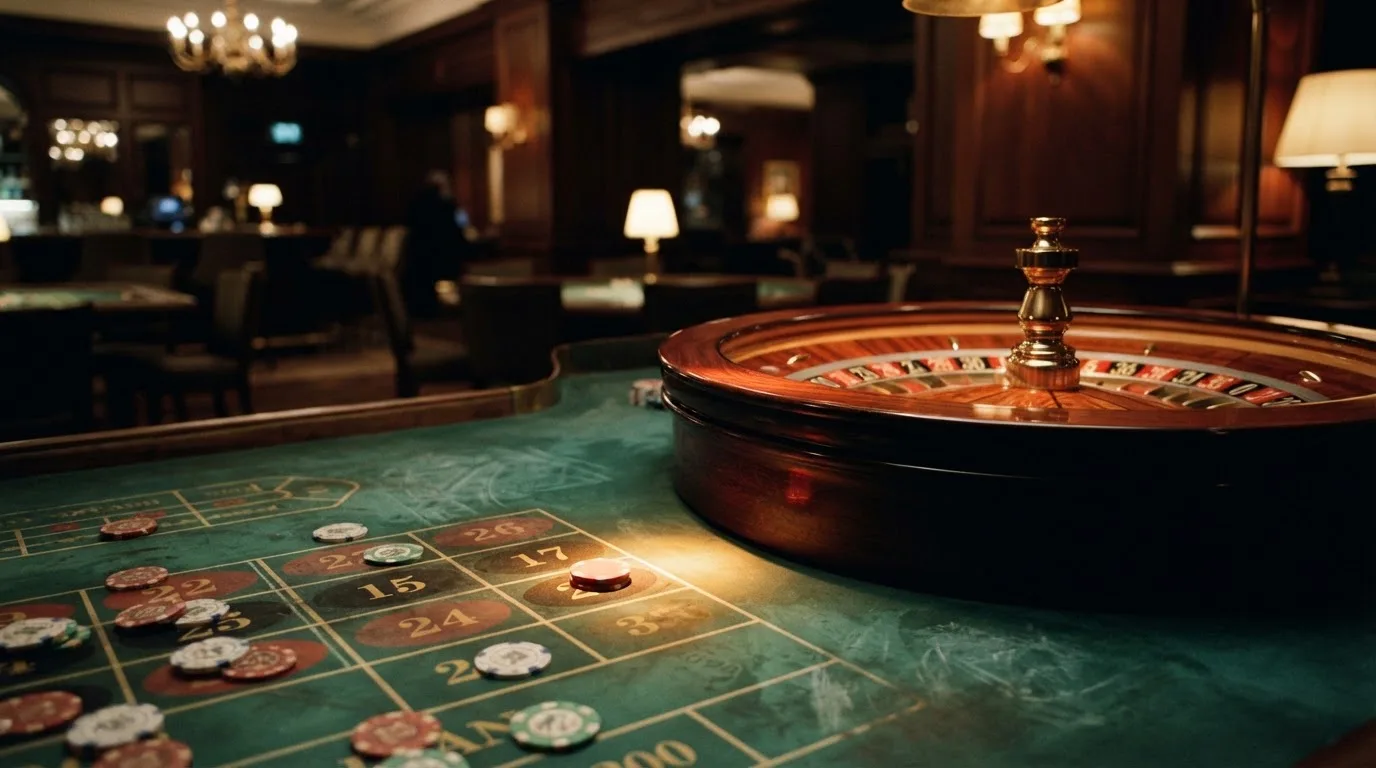 Kotač ruleta i žetoni na zelenom suknu pod toplim večernjim svjetlom — igrati blackjack u hrvatskoj