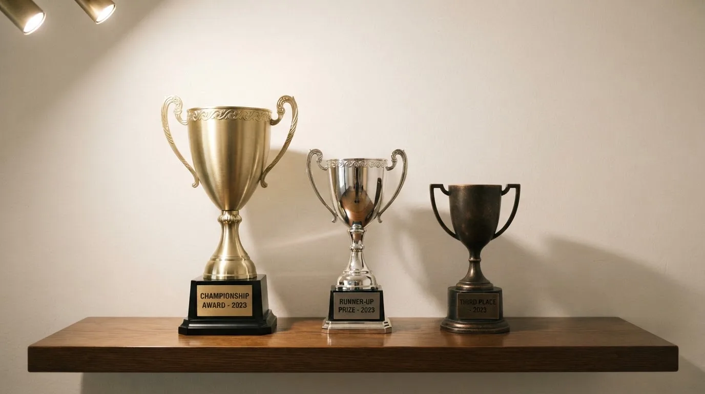 Tri trofeja različitih visina na polici, zlatni, srebrni i brončani, snimljeno frontalno.