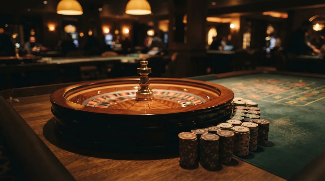 Kotač ruleta i žetoni na zelenom suknu pod toplim večernjim svjetlom — kombinacije za rulet