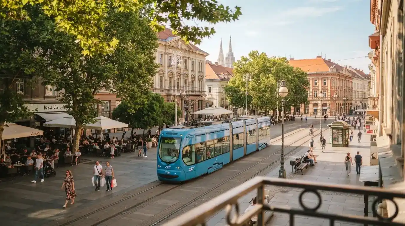 Pogled na zagrebački trg s tramvajem i šetačima u sunčano poslijepodne.