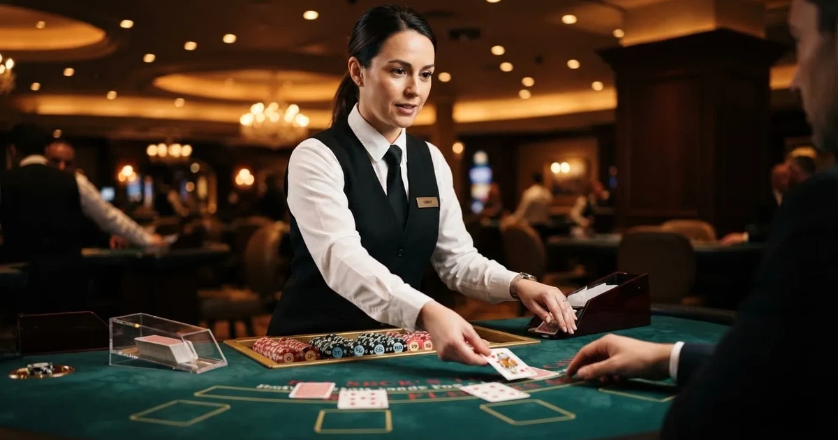 Krupije u elegantnoj uniformi dijeli karte za stolom blackjacka u studiju, snimljeno s boka pod toplim reflektorima.