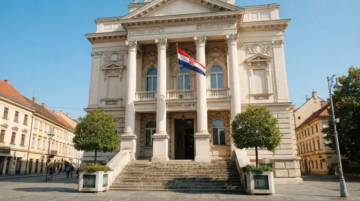 Svijetla državna zgrada u središtu Zagreba s hrvatskom zastavom na pročelju, snimljena danju pod vedrim nebom.