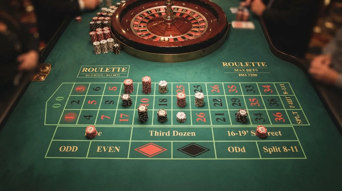 Pogled odozgo na zeleno sukno ruleta sa žetonima različitih boja složenim u male stupce, pod toplim svjetlom.