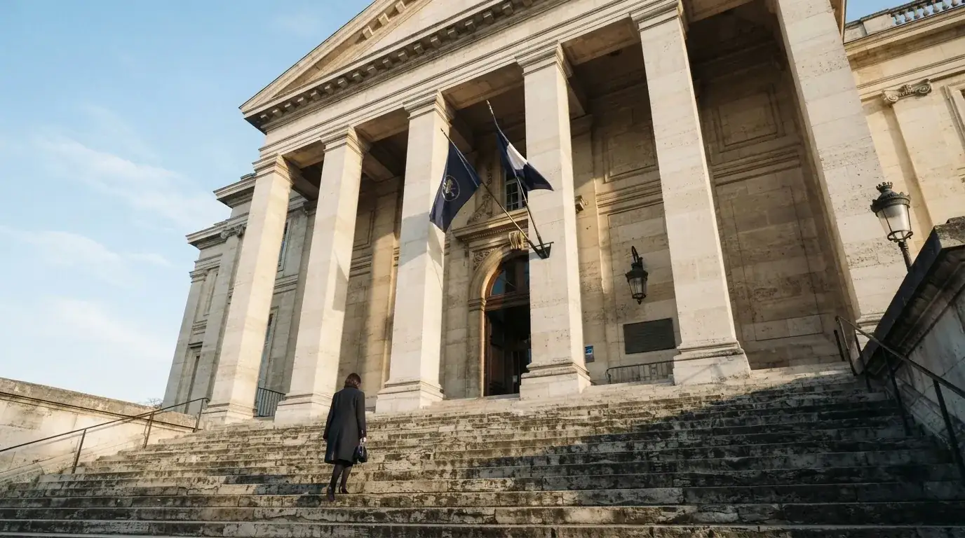 Ulaz u zgradu ministarstva u Zagrebu s kamenim stubama i zastavama, snimljen u jutarnjem svjetlu.