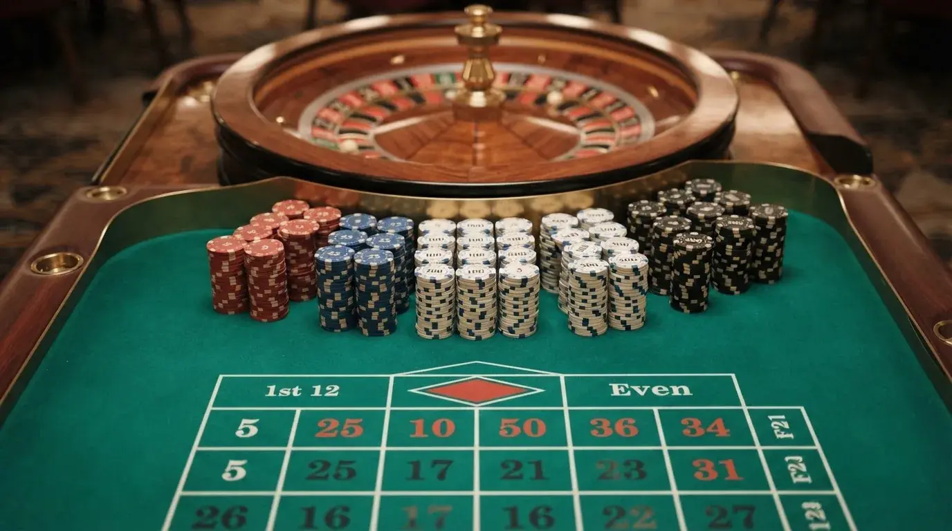 Žetoni naslagani u stupce uz rub zelenog stola, u pozadini zamućen kotač ruleta.